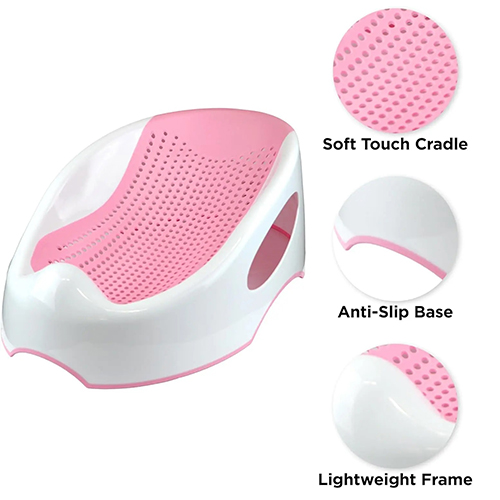 حوض استحمام للأطفال مانع للانزلاق مع مسند رأس مائل باللون الوردي