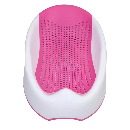 حوض استحمام للأطفال مانع للانزلاق مع مسند رأس مائل باللون الوردي